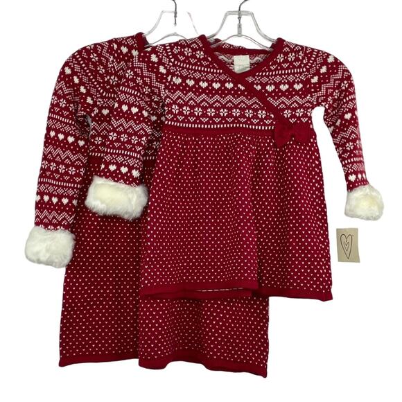 2- Red Knit holiday dresses faux fur trim Christmas girl size 5T & 24 Mo. NWT